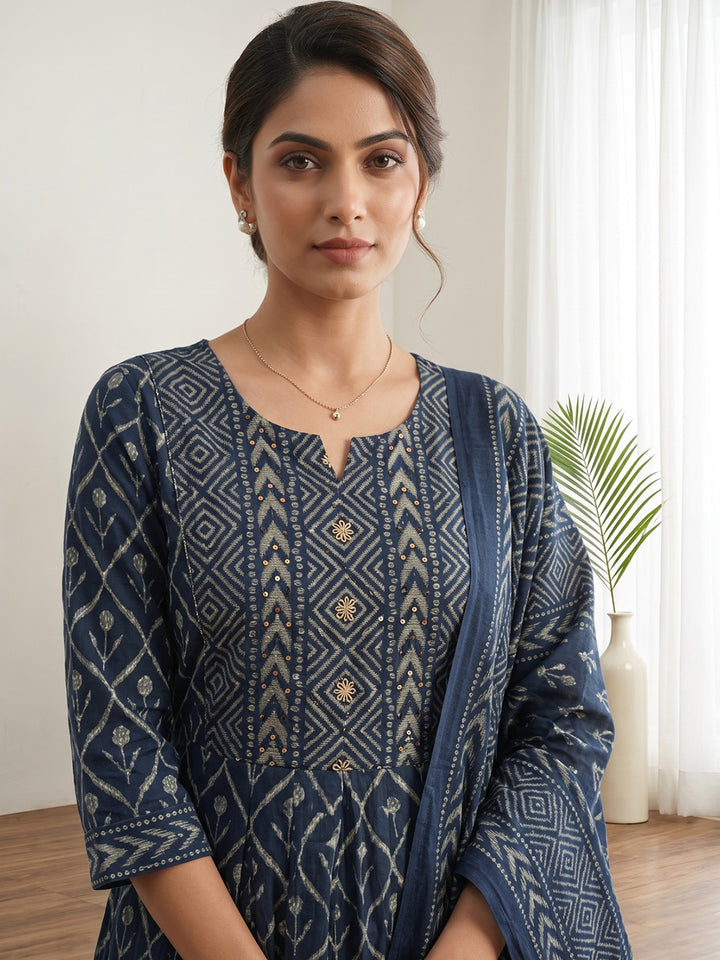 Blue Printed Cotton Blend Kurta With Pant &amp; Dupatta