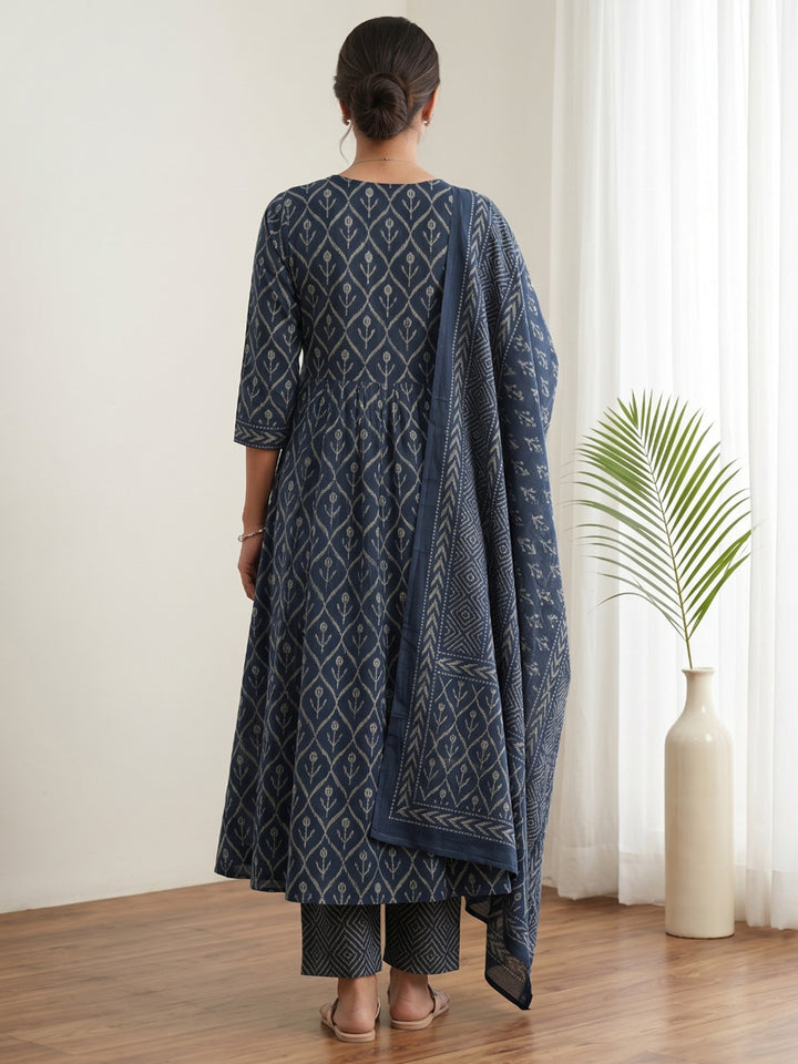 Blue Printed Cotton Blend Kurta With Pant &amp; Dupatta