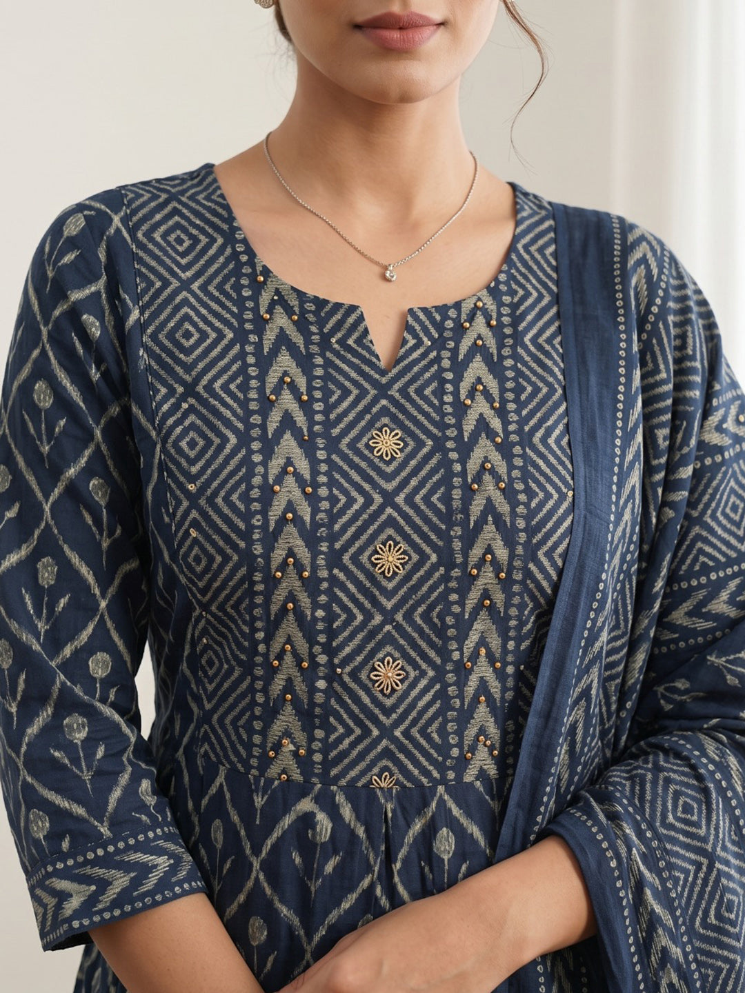 Blue Printed Cotton Blend Kurta With Pant &amp; Dupatta