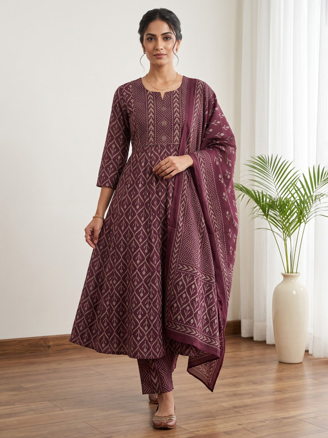 Wine Printed Cotton Blend Kurta With Pant &amp; Dupatta