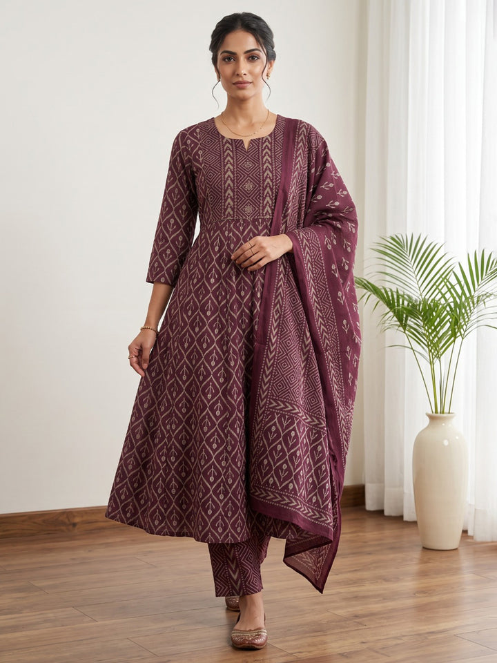 Wine Printed Cotton Blend Kurta With Pant &amp; Dupatta