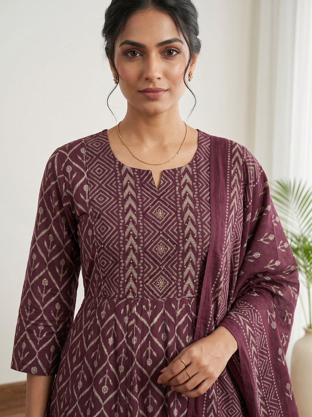 Wine Printed Cotton Blend Kurta With Pant &amp; Dupatta