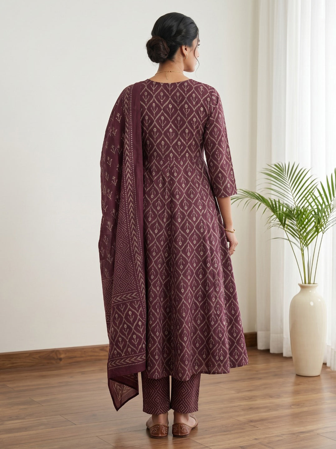 Wine Printed Cotton Blend Kurta With Pant &amp; Dupatta