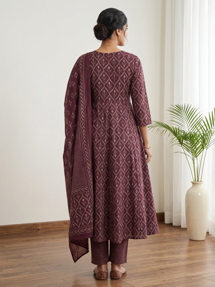 Wine Printed Cotton Blend Kurta With Pant &amp; Dupatta