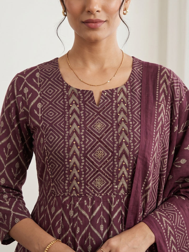 Wine Printed Cotton Blend Kurta With Pant &amp; Dupatta