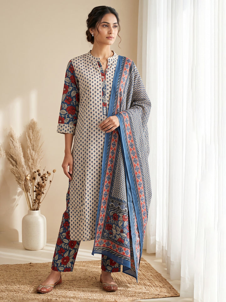 Blue Printed Cotton Blend Kurta With Pant &amp; Dupatta