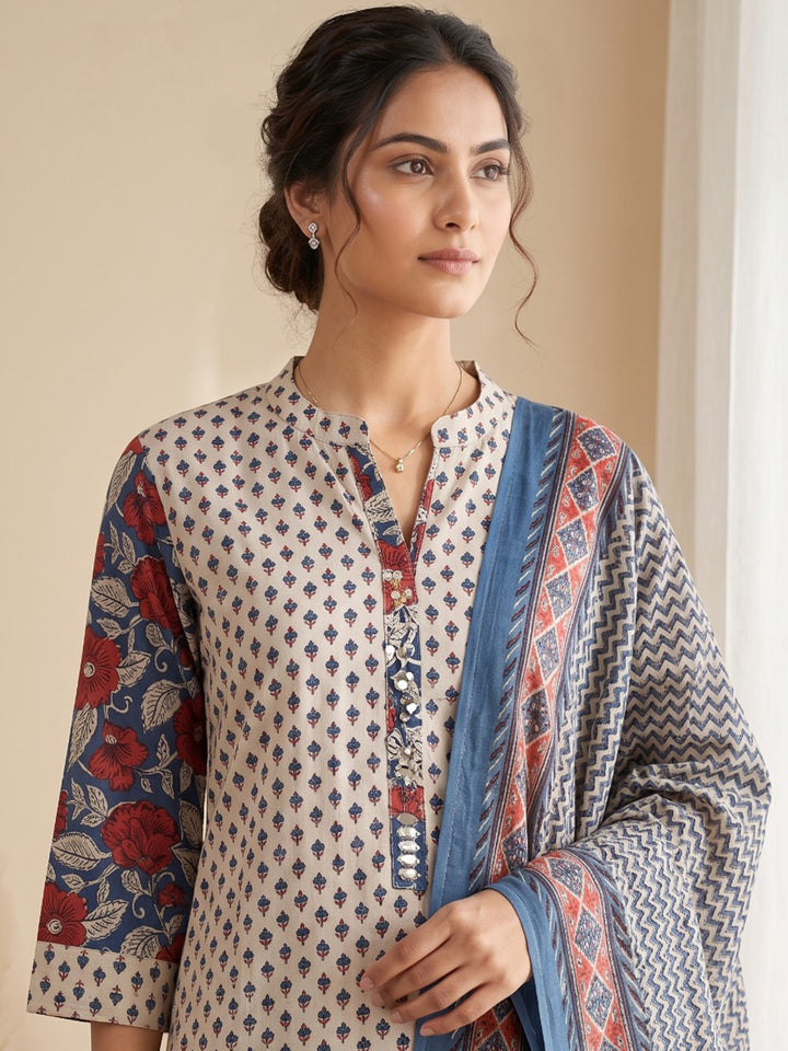 Blue Printed Cotton Blend Kurta With Pant &amp; Dupatta