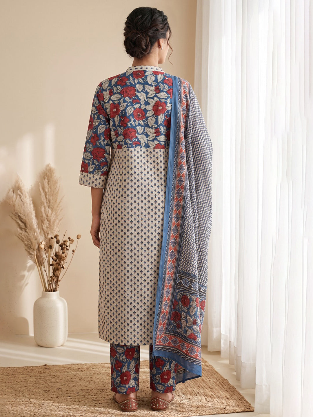Blue Printed Cotton Blend Kurta With Pant &amp; Dupatta