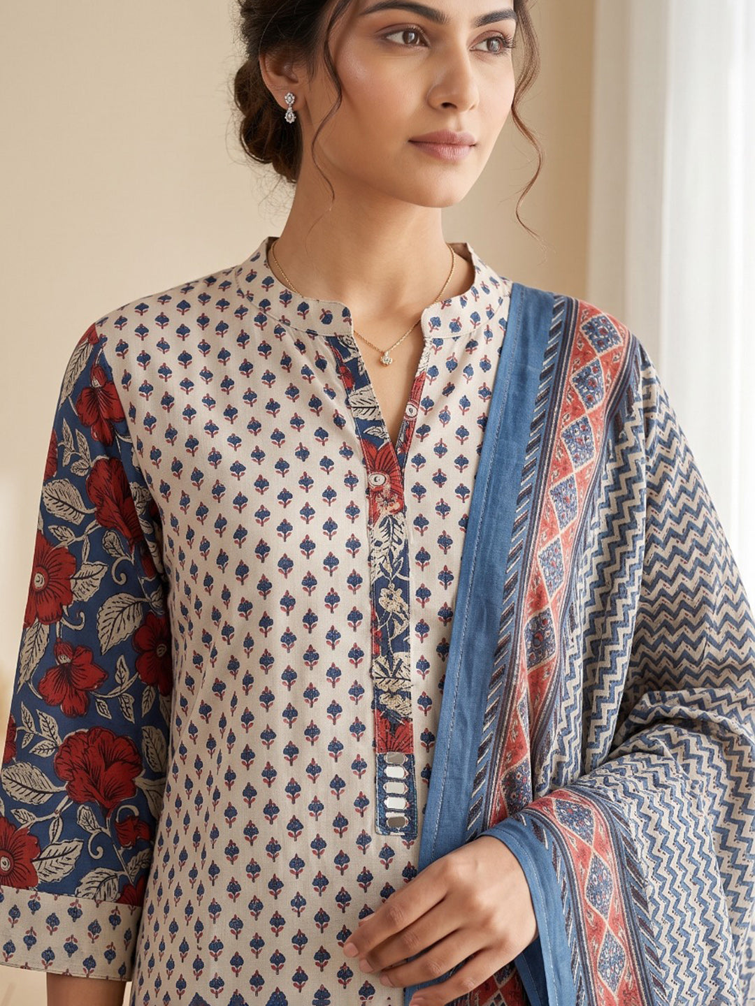 Blue Printed Cotton Blend Kurta With Pant &amp; Dupatta