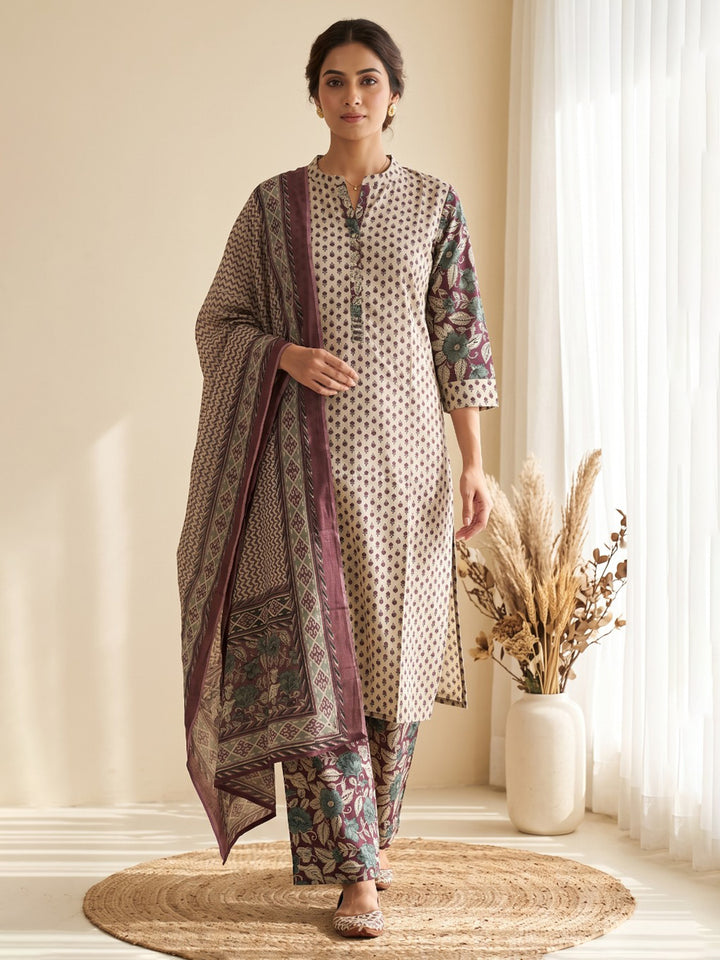 Brown Printed Cotton Blend Kurta With Pant &amp; Dupatta