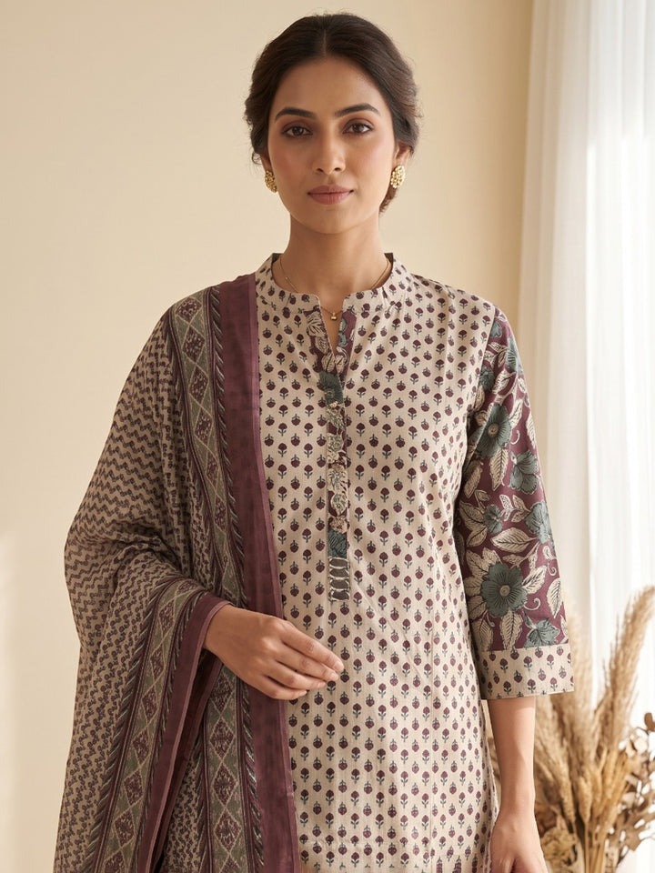 Brown Printed Cotton Blend Kurta With Pant &amp; Dupatta
