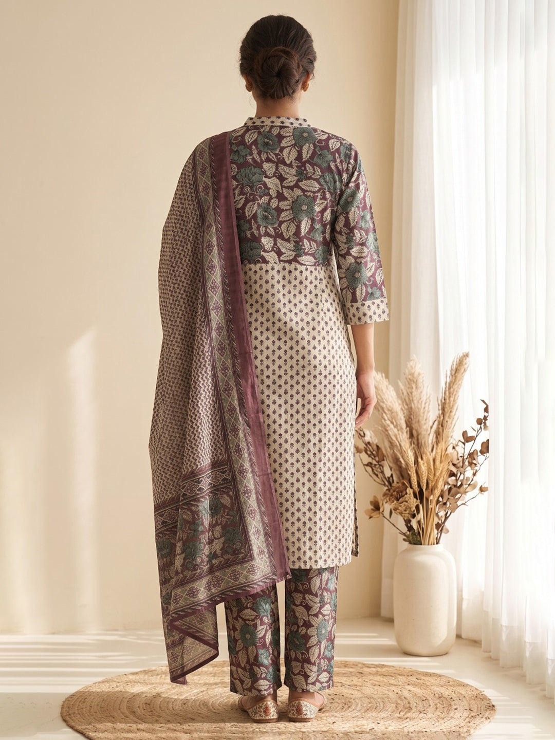 Brown Printed Cotton Blend Kurta With Pant &amp; Dupatta