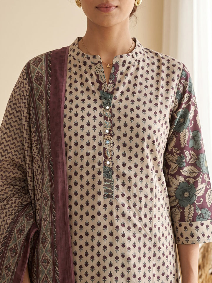 Brown Printed Cotton Blend Kurta With Pant &amp; Dupatta
