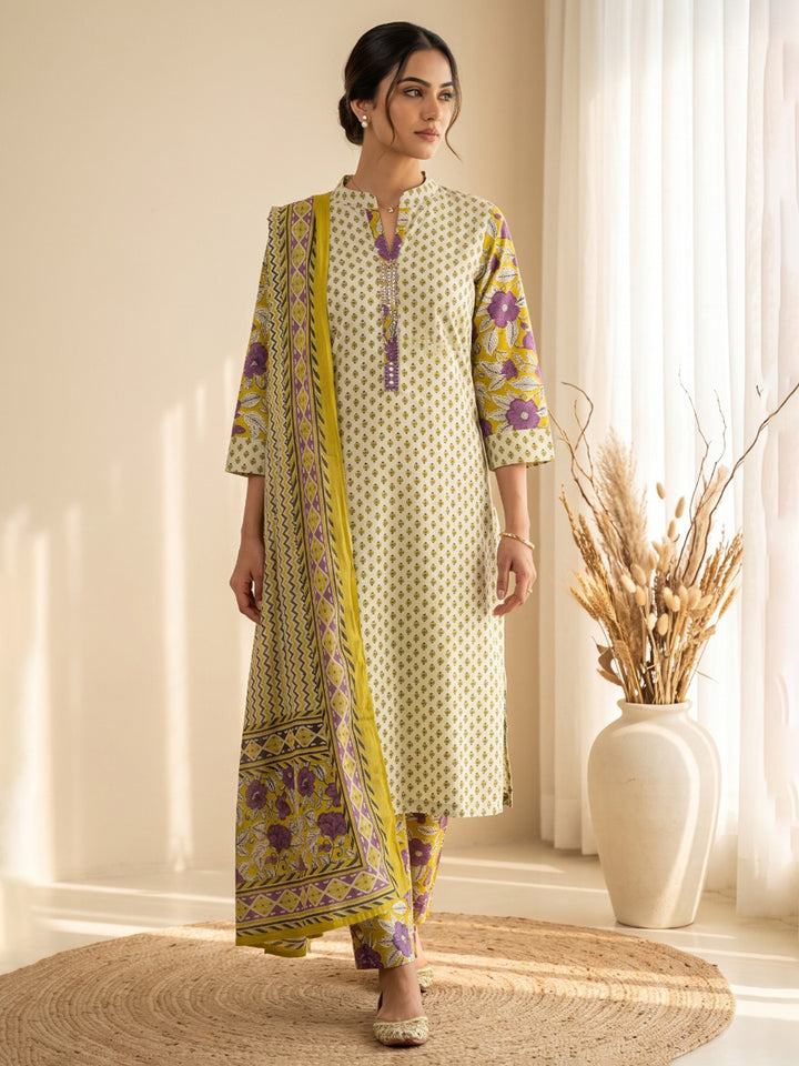 Mustard Printed Cotton Blend Kurta With Pant &amp; Dupatta