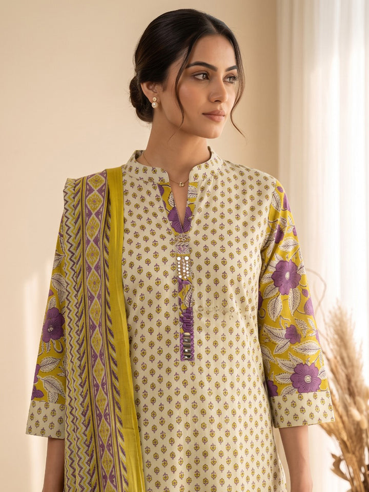 Mustard Printed Cotton Blend Kurta With Pant &amp; Dupatta