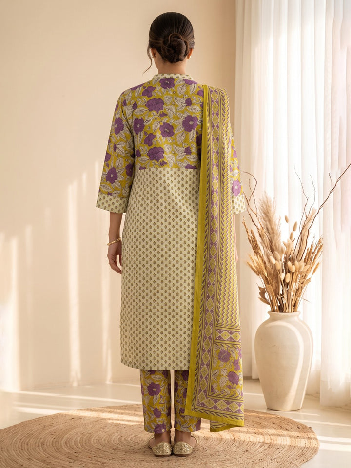 Mustard Printed Cotton Blend Kurta With Pant &amp; Dupatta