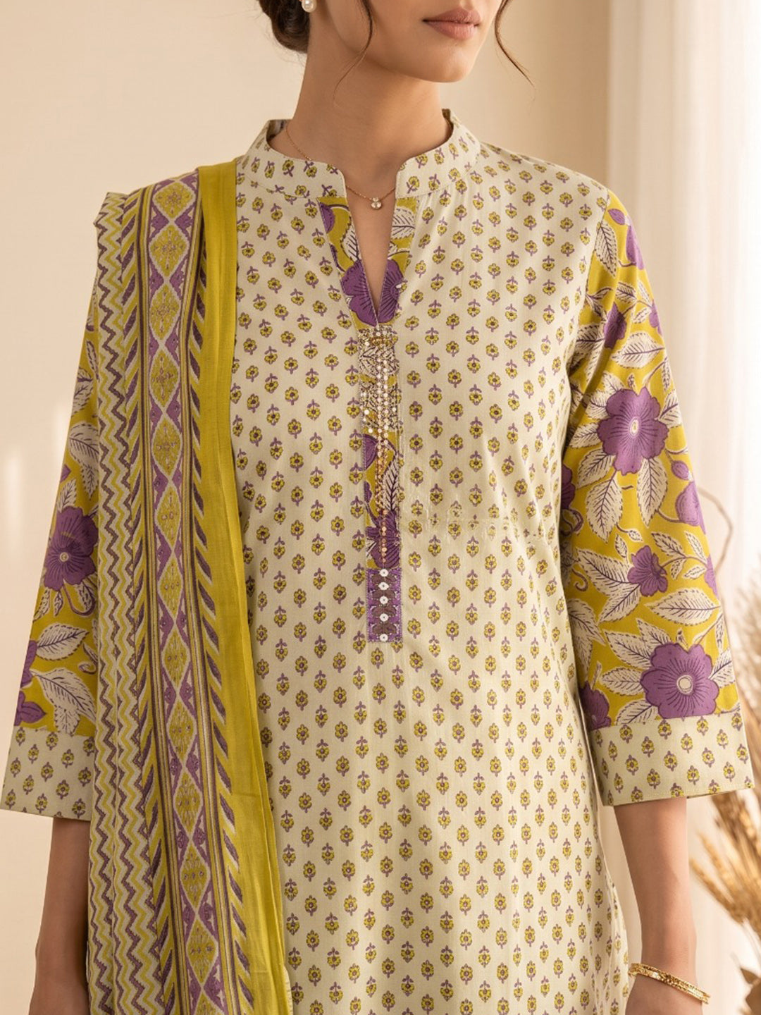 Mustard Printed Cotton Blend Kurta With Pant &amp; Dupatta