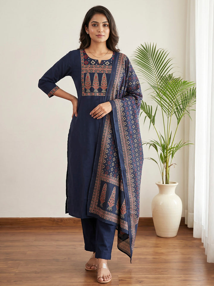 Blue Printed Cotton Blend Kurta With Pant &amp; Dupatta