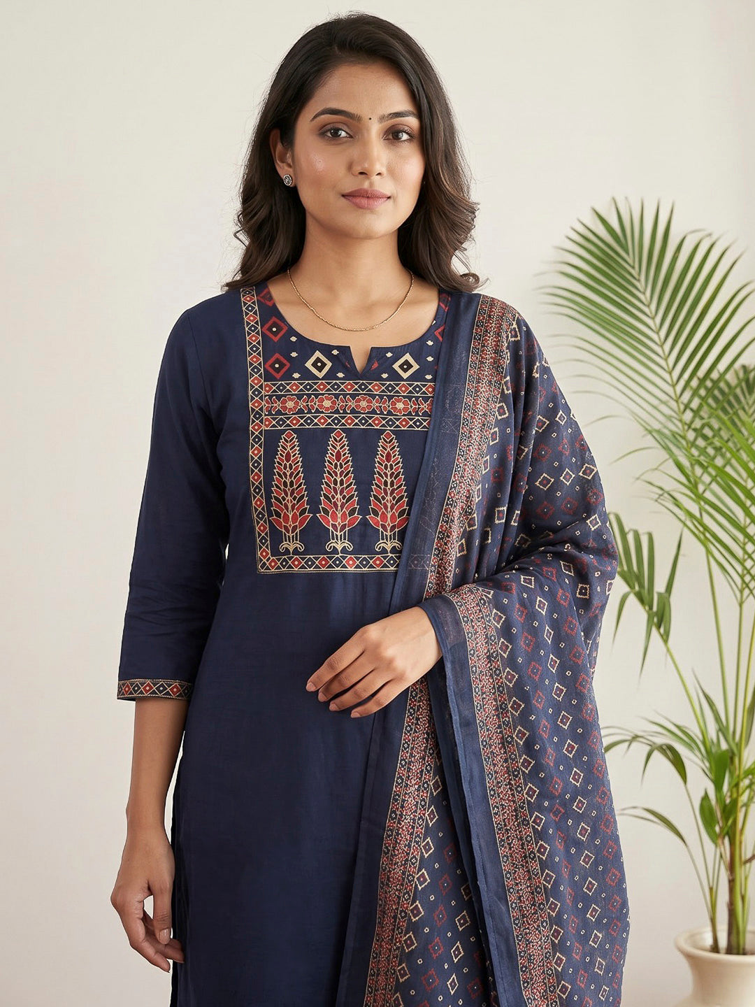 Blue Printed Cotton Blend Kurta With Pant &amp; Dupatta