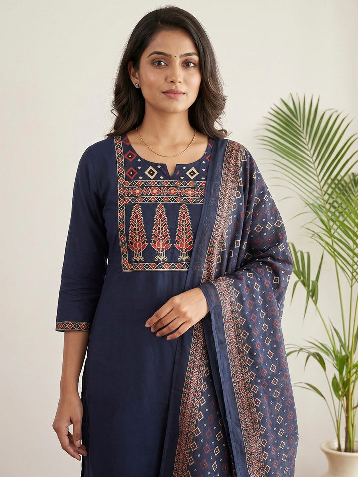 Blue Printed Cotton Blend Kurta With Pant &amp; Dupatta
