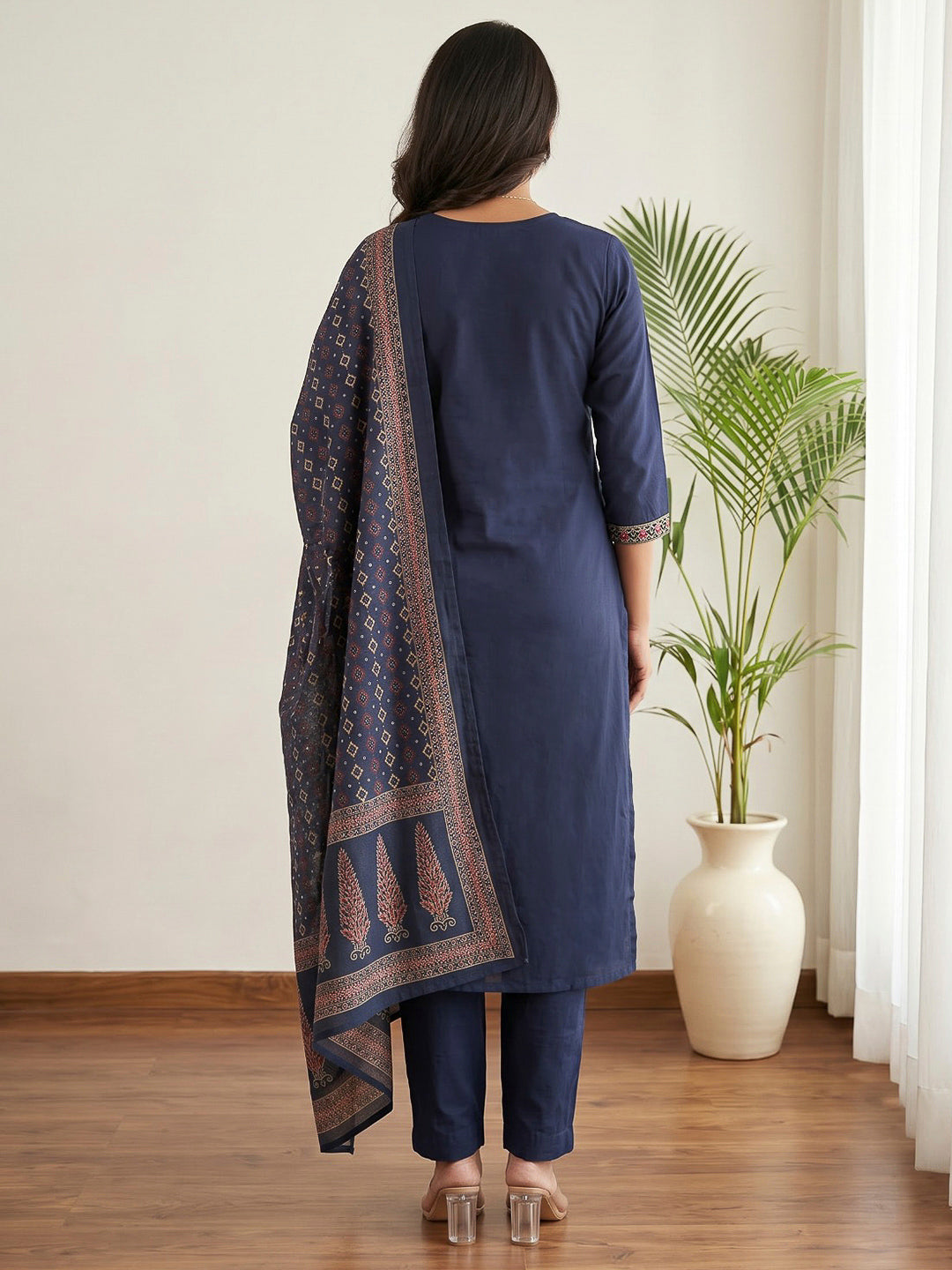 Blue Printed Cotton Blend Kurta With Pant &amp; Dupatta