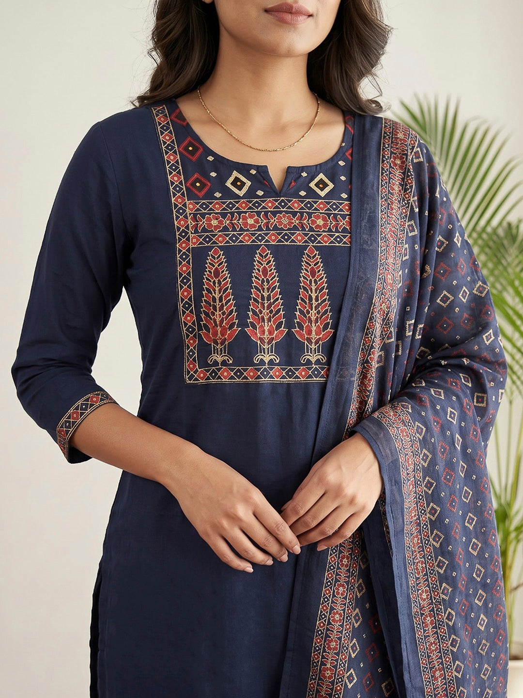 Blue Printed Cotton Blend Kurta With Pant &amp; Dupatta