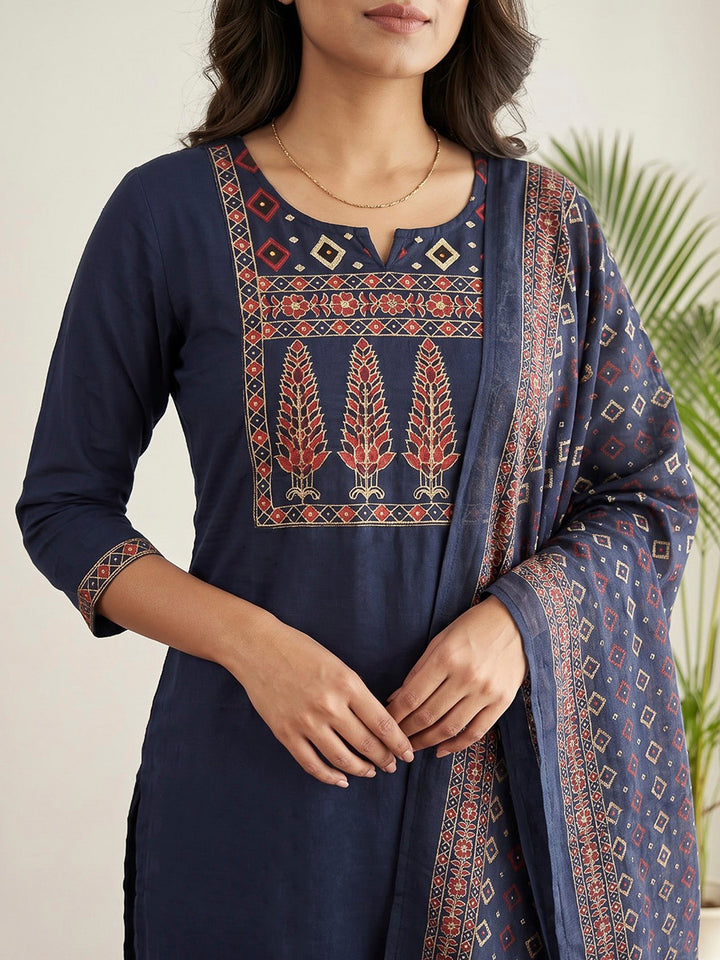 Blue Printed Cotton Blend Kurta With Pant &amp; Dupatta