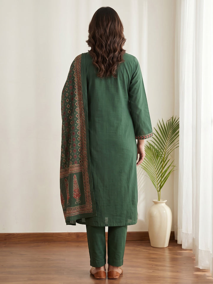 Green Printed Cotton Blend Kurta With Pant &amp; Dupatta