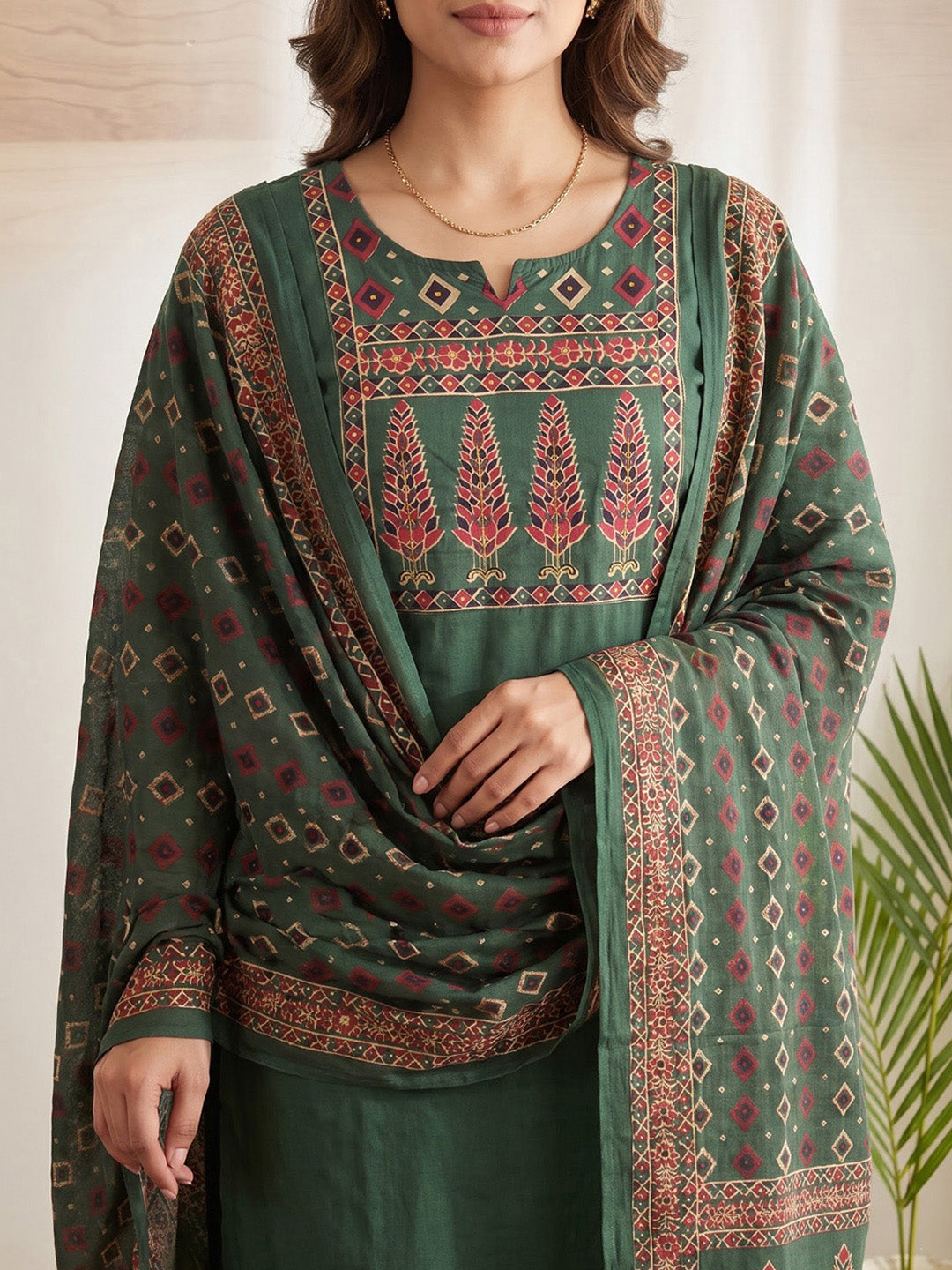 Green Printed Cotton Blend Kurta With Pant &amp; Dupatta