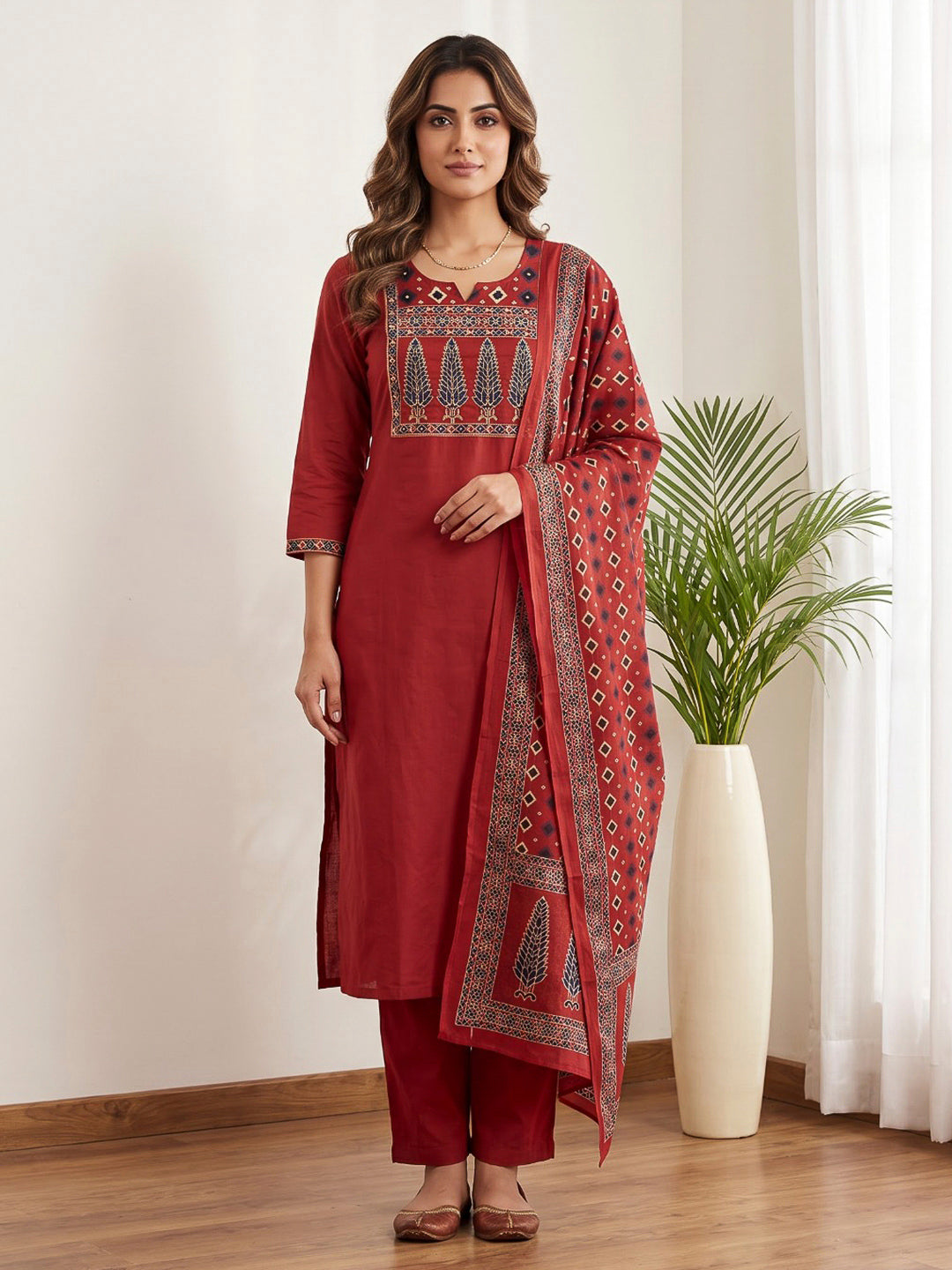 Red Printed Cotton Blend Kurta With Pant &amp; Dupatta
