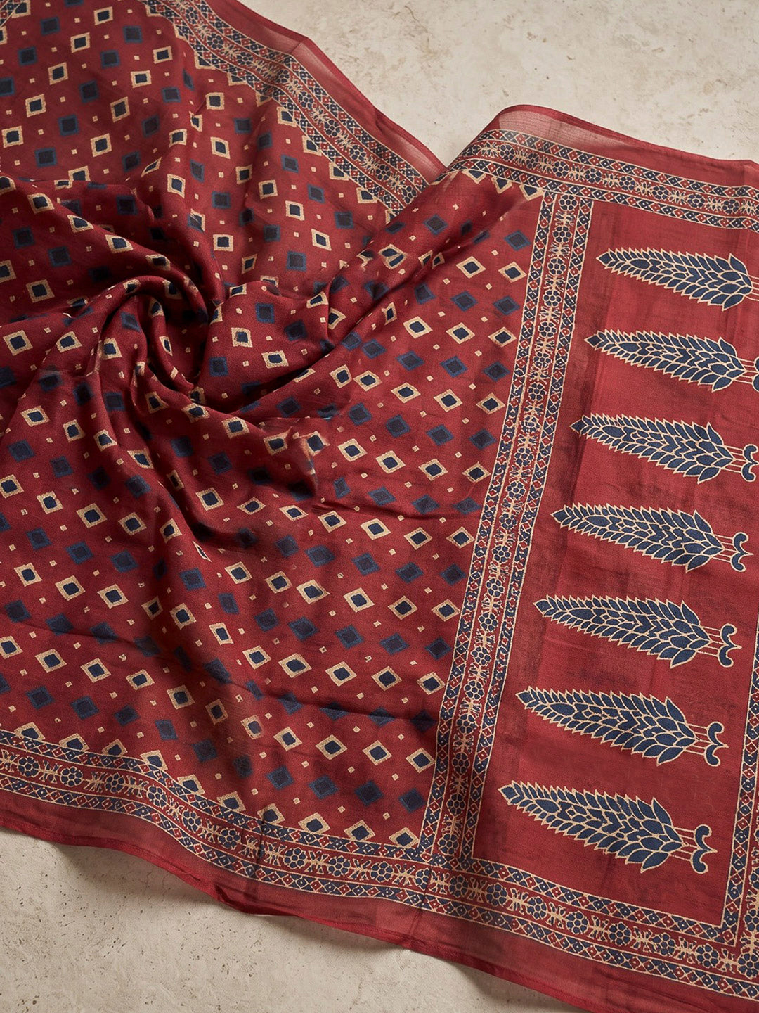 Red Printed Cotton Blend Kurta With Pant &amp; Dupatta