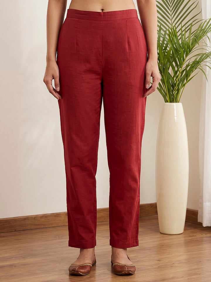 Red Printed Cotton Blend Kurta With Pant &amp; Dupatta