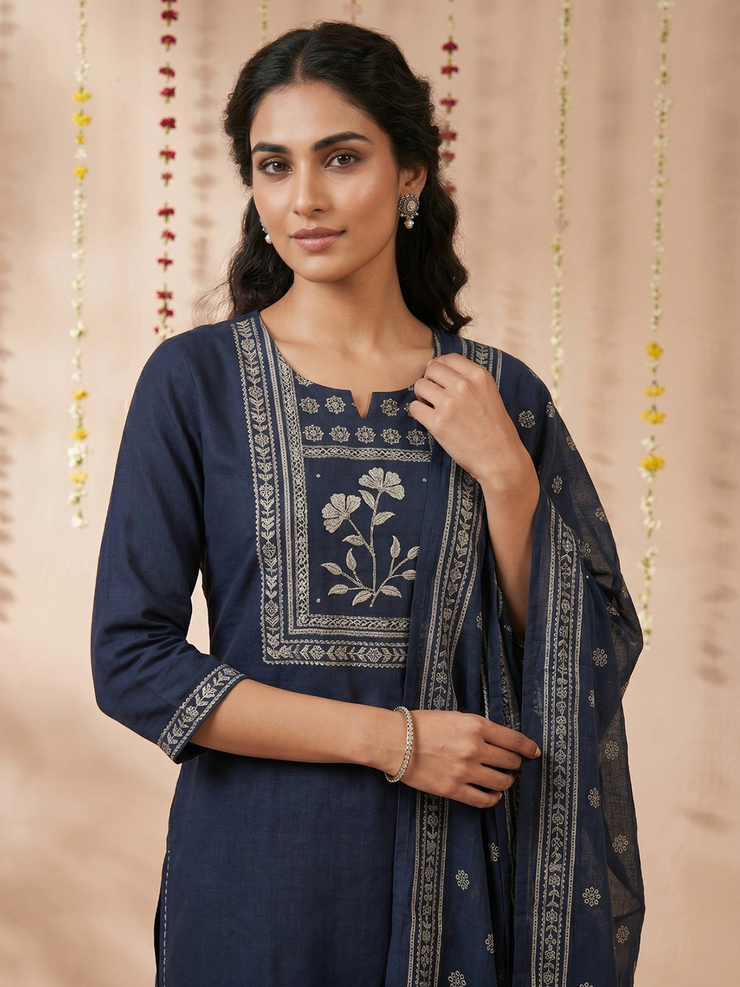 Blue Printed Cotton Blend Round Neck Suit Set