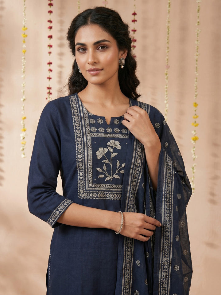 Blue Printed Cotton Blend Round Neck Suit Set