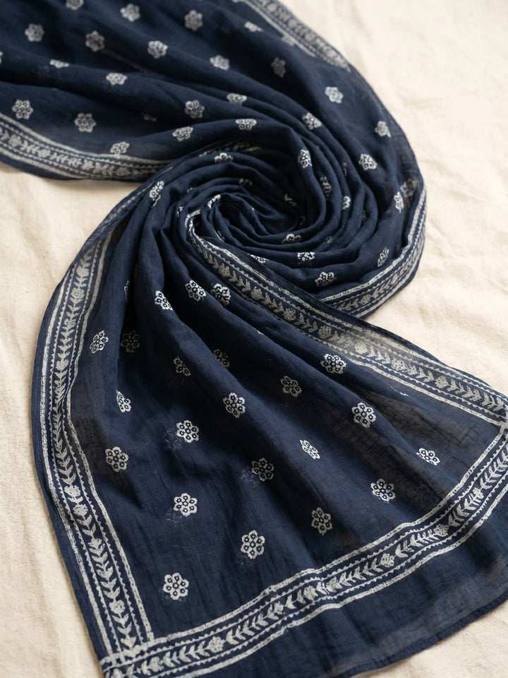 Blue Printed Cotton Blend Round Neck Suit Set
