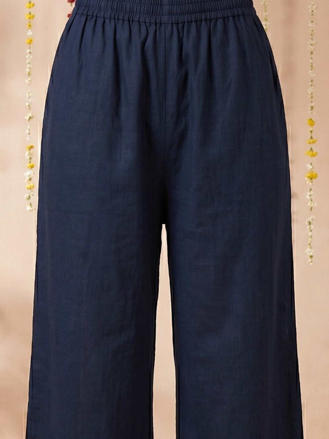 Blue Printed Cotton Blend Round Neck Suit Set