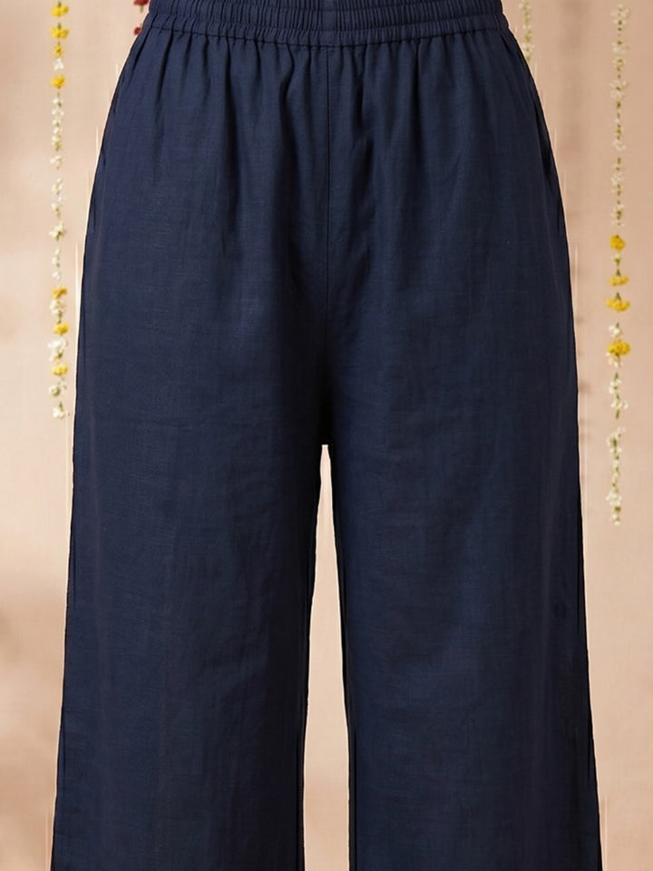 Blue Printed Cotton Blend Round Neck Suit Set