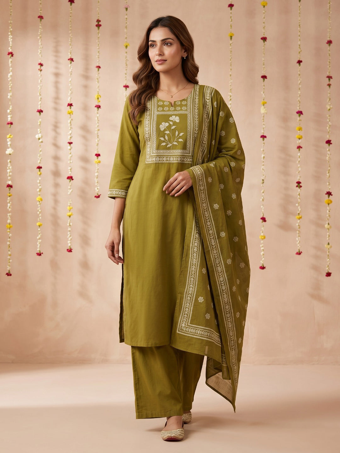 Green Printed Cotton Blend Round Neck Suit Set
