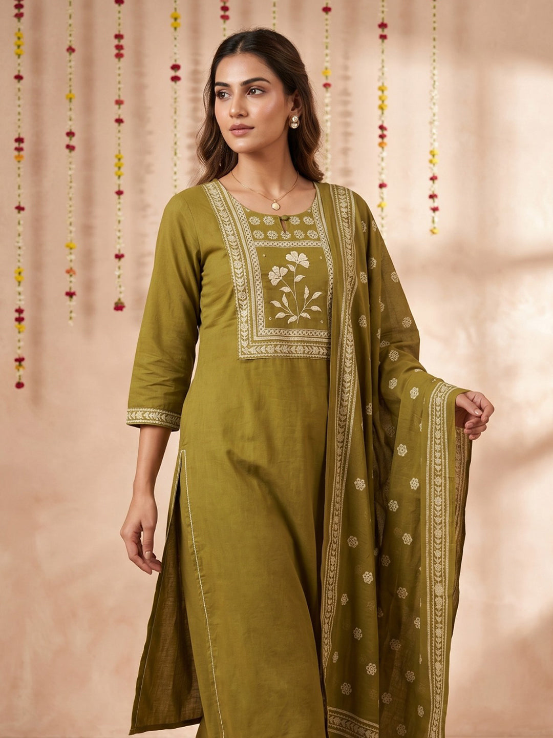 Green Printed Cotton Blend Round Neck Suit Set