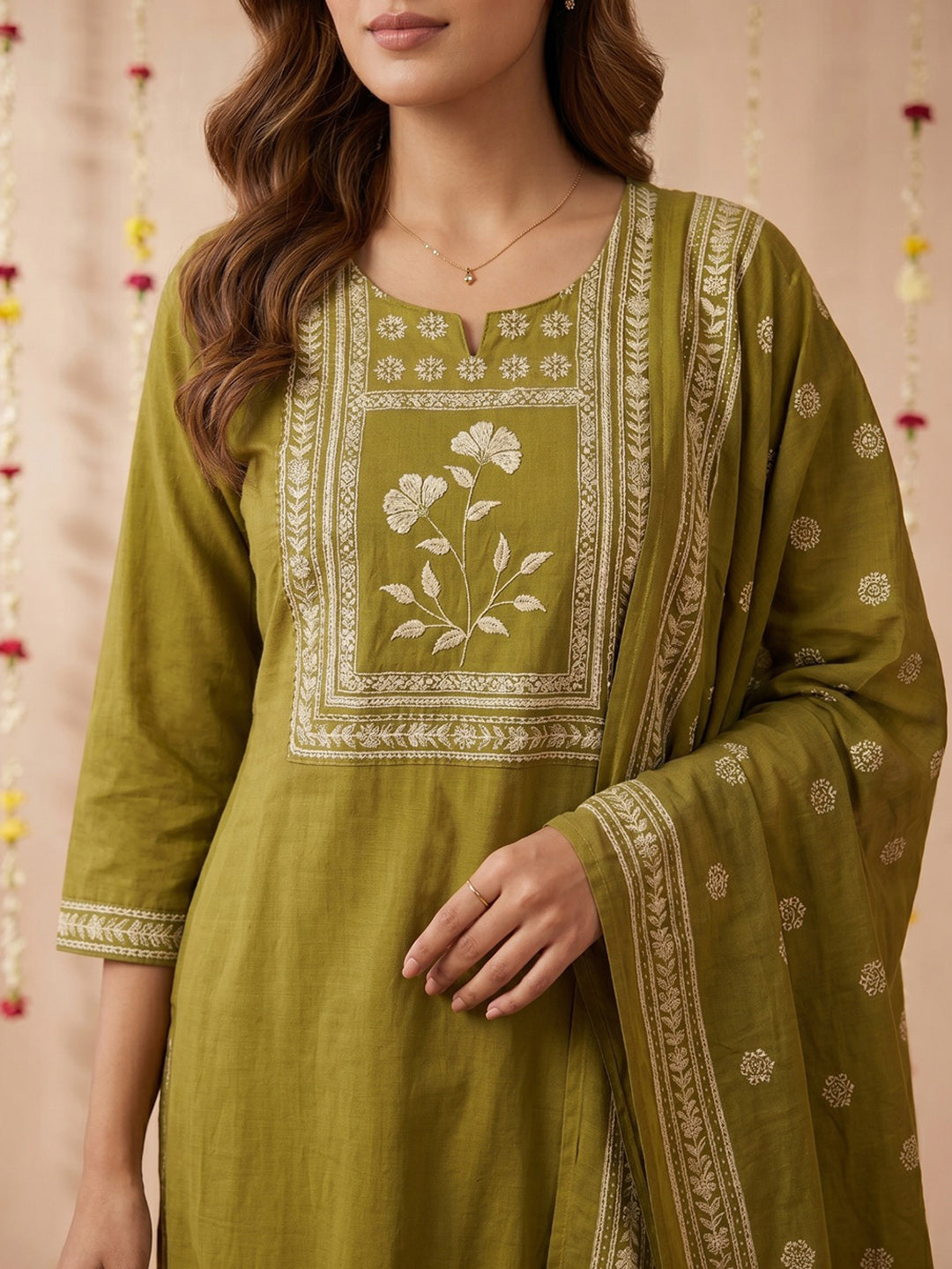 Green Printed Cotton Blend Round Neck Suit Set