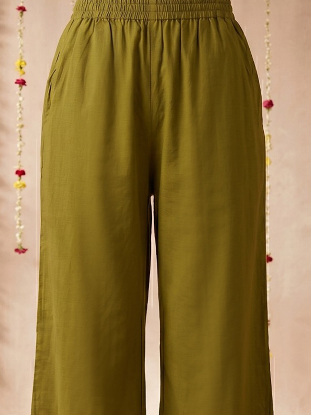 Green Printed Cotton Blend Round Neck Suit Set