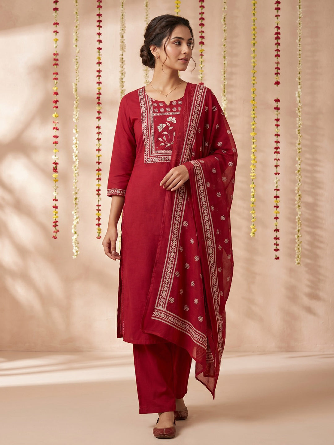 Pink Printed Cotton Blend Round Neck Suit Set