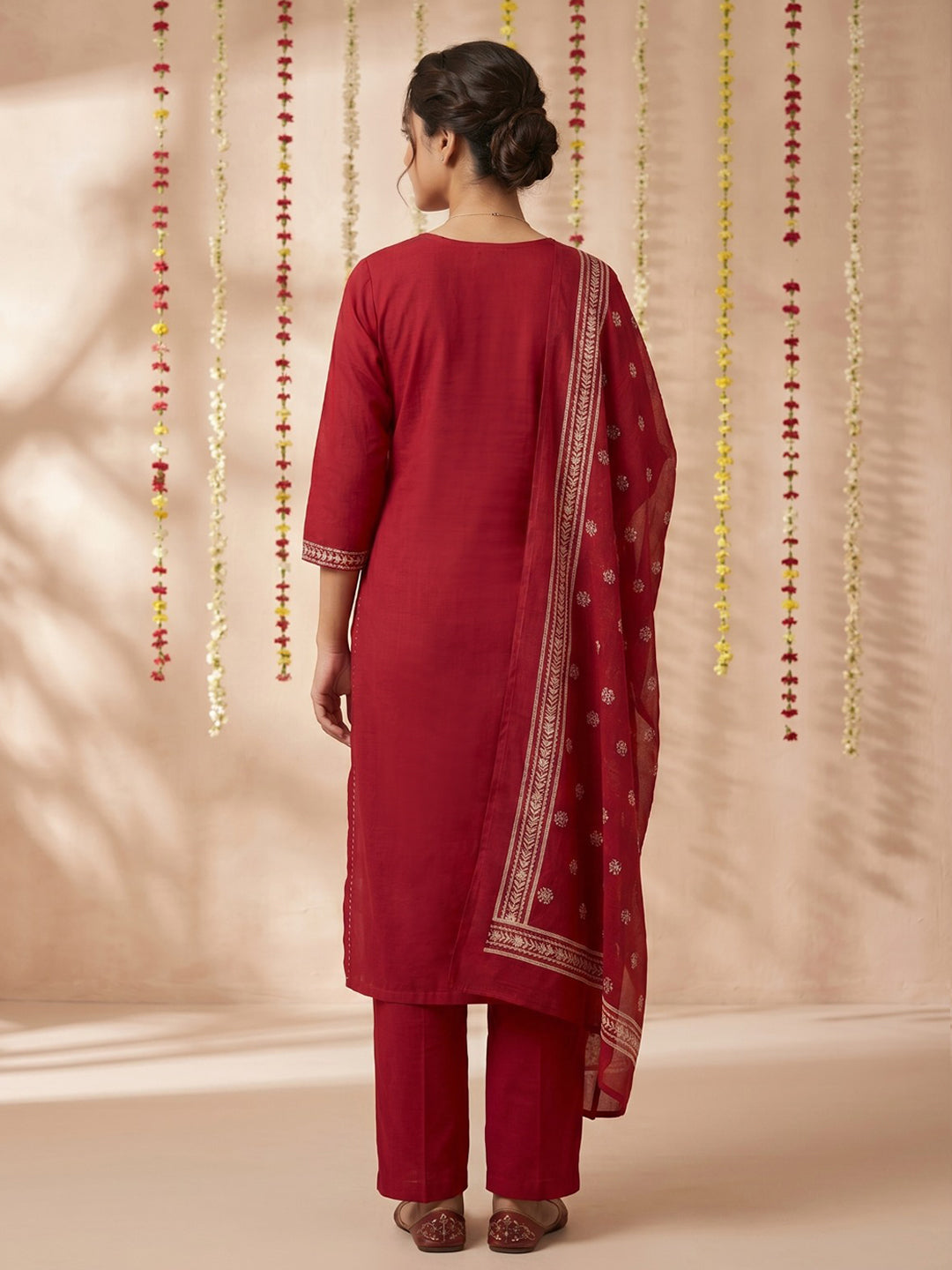 Pink Printed Cotton Blend Round Neck Suit Set