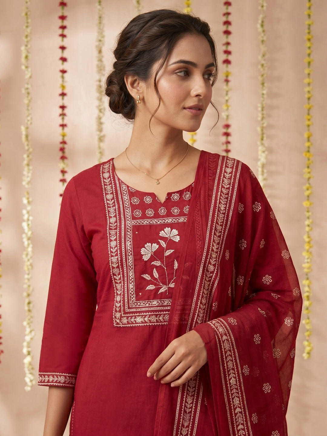 Pink Printed Cotton Blend Round Neck Suit Set