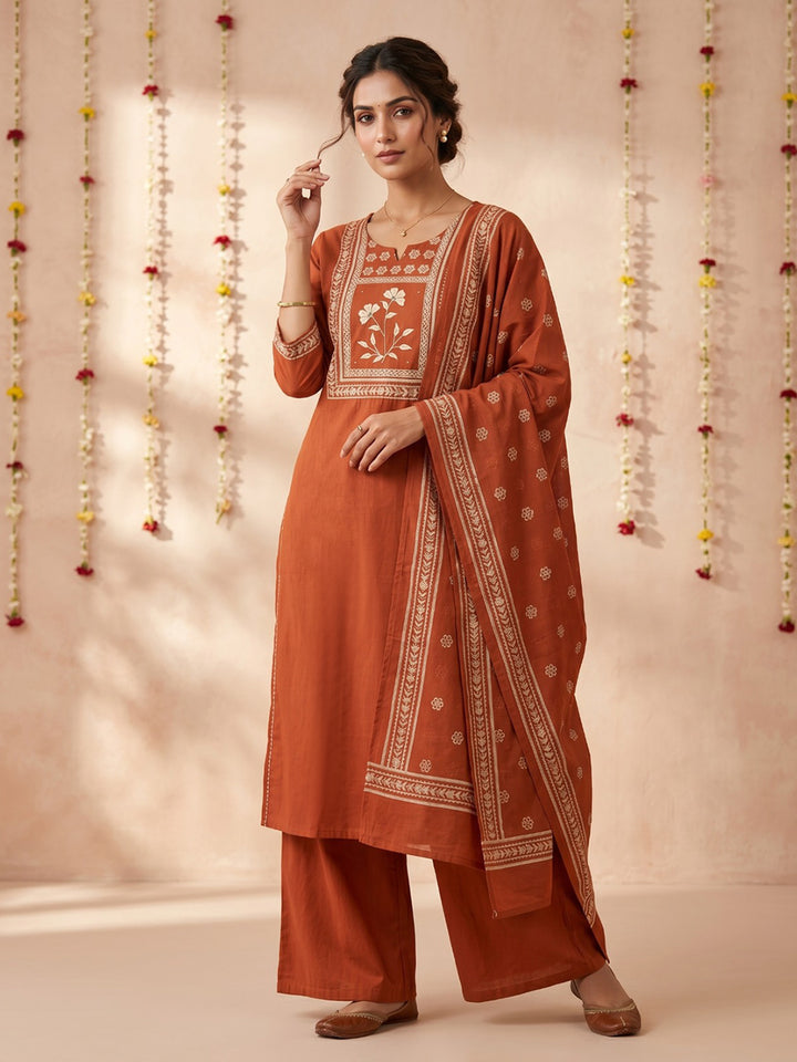 Rust Printed Cotton Blend Round Neck Suit Set