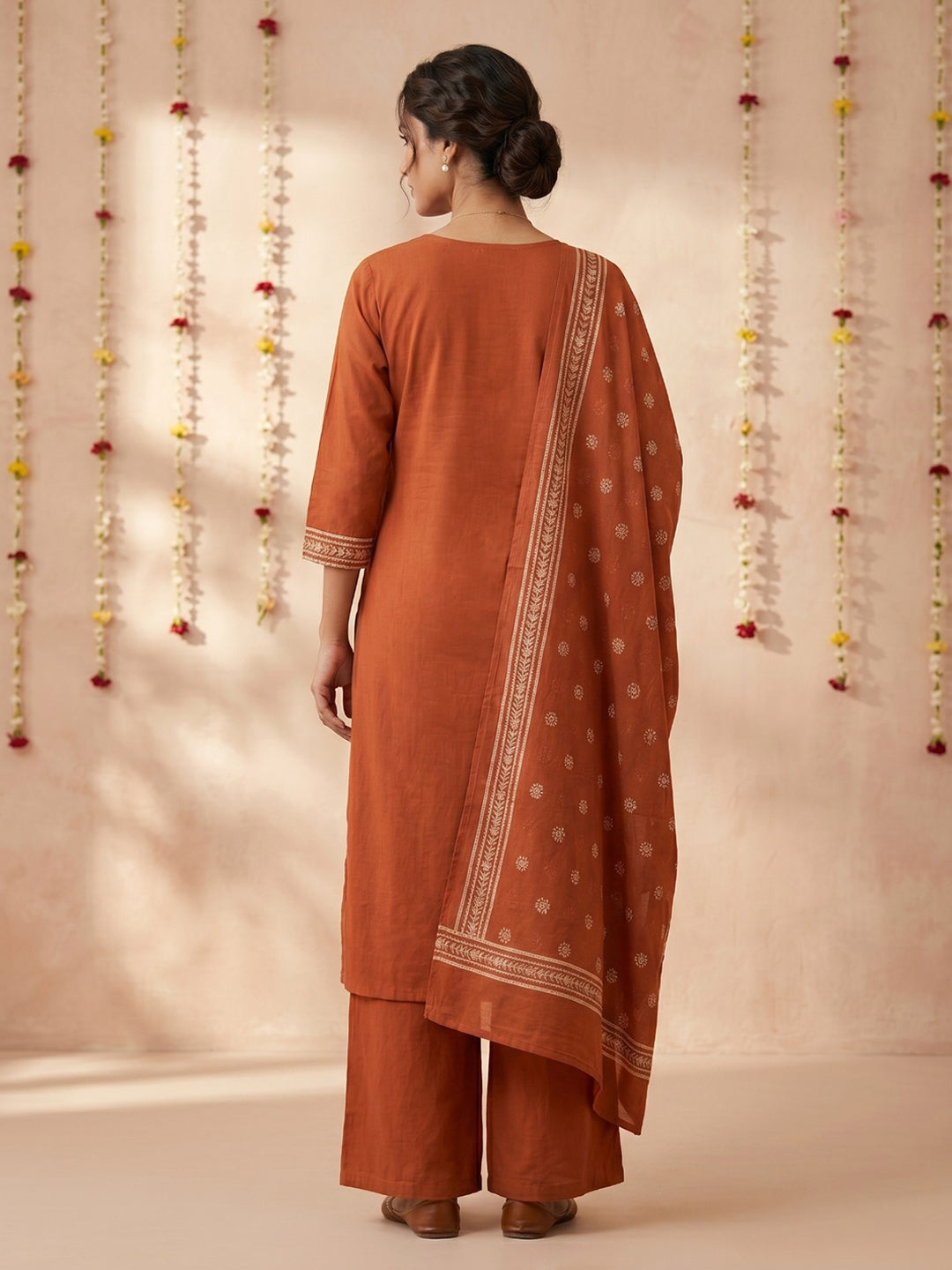 Rust Printed Cotton Blend Round Neck Suit Set