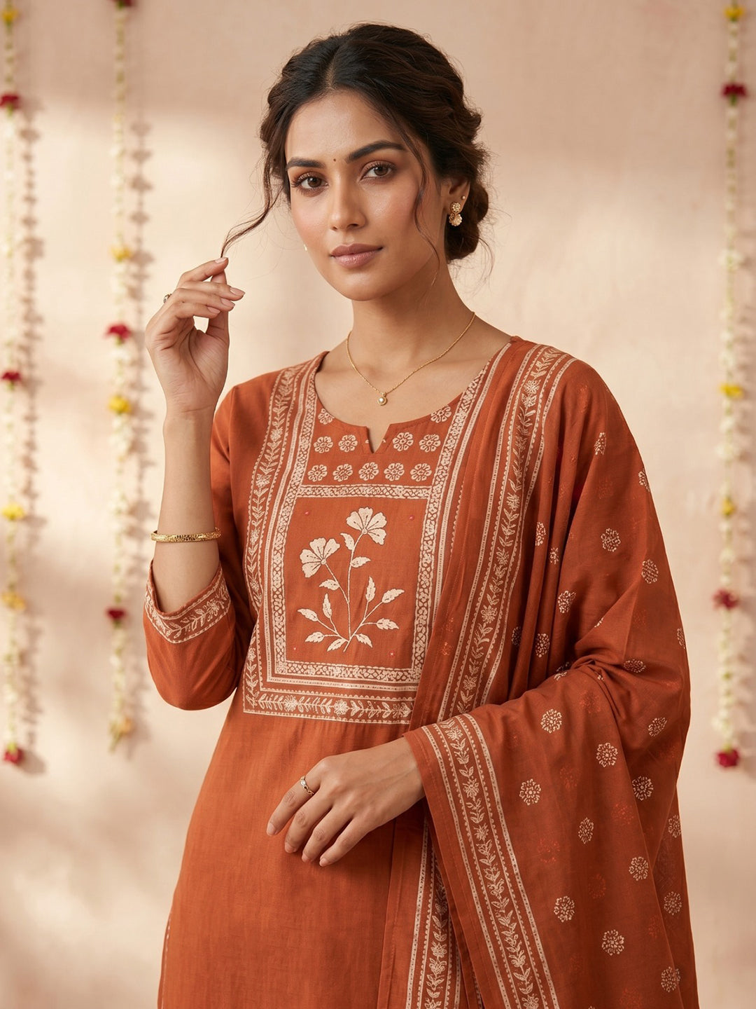 Rust Printed Cotton Blend Round Neck Suit Set