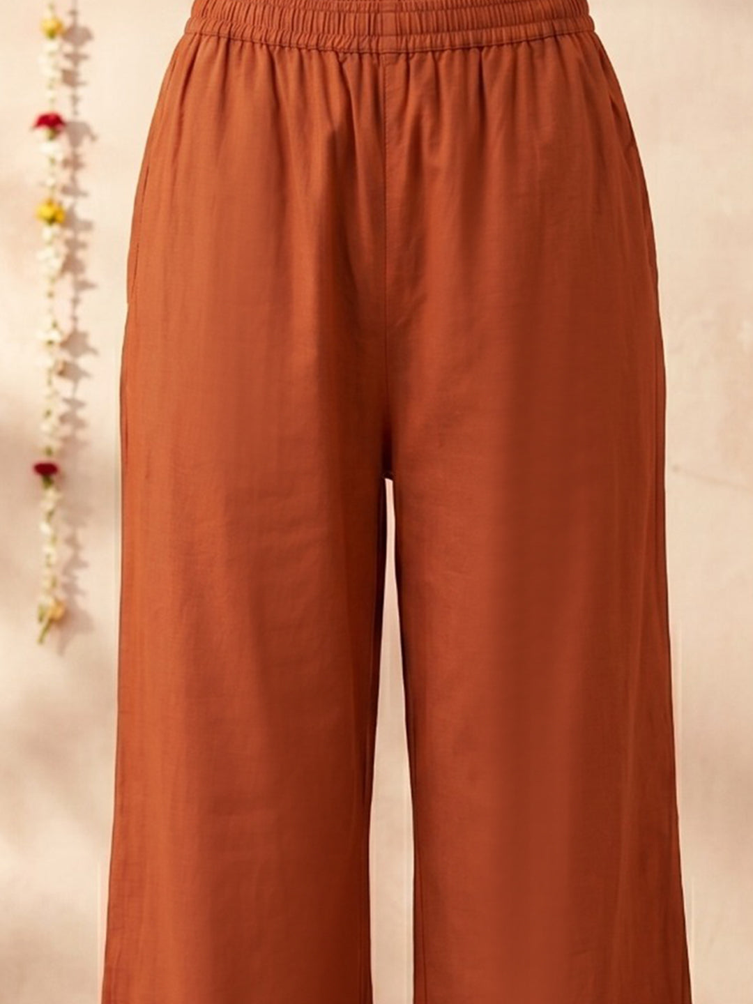 Rust Printed Cotton Blend Round Neck Suit Set