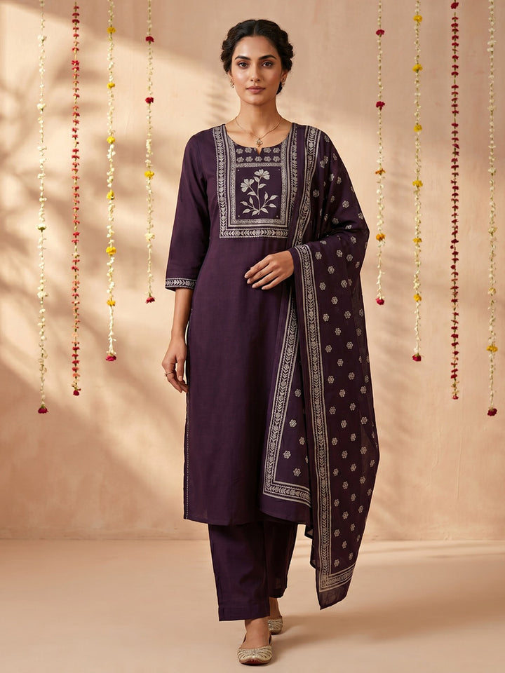 Wine Printed Cotton Blend Round Neck Suit Set