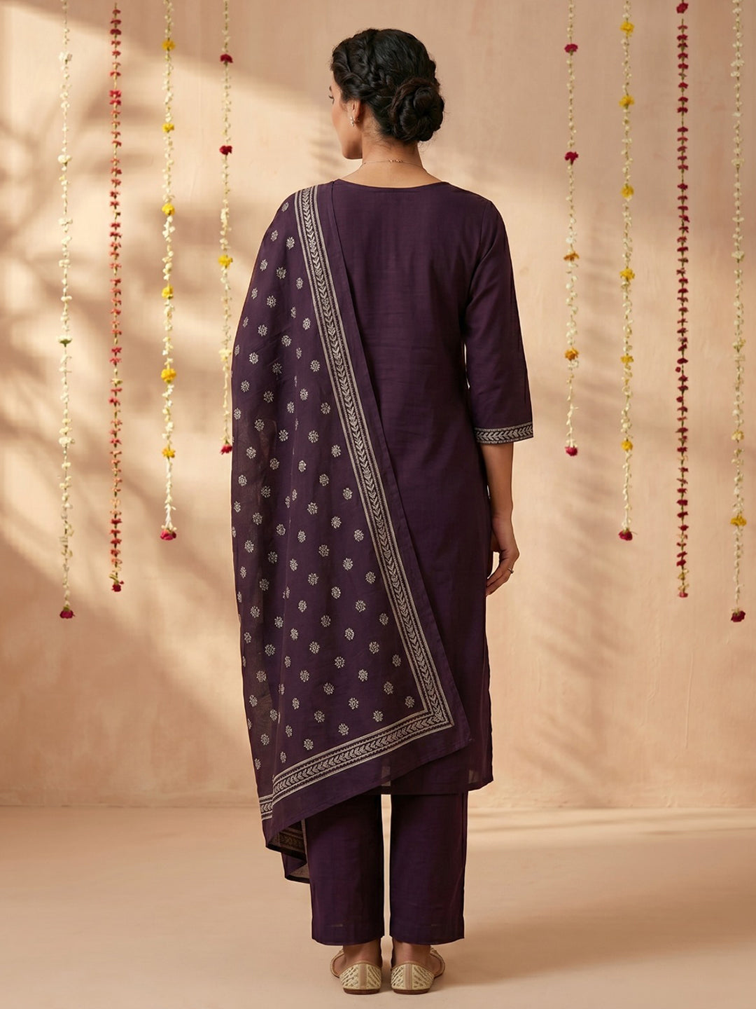 Wine Printed Cotton Blend Round Neck Suit Set